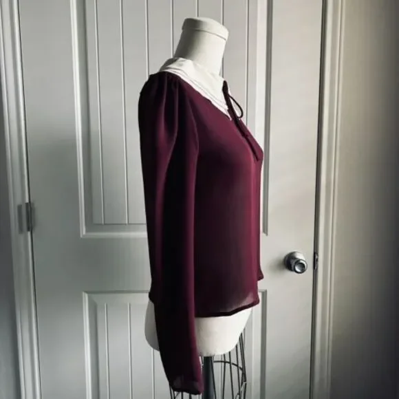Vintage Blouse Maroon Sheer‎ Size Small Tie Neck Cream Collar Button C’est Chic - Picture 3 of 16